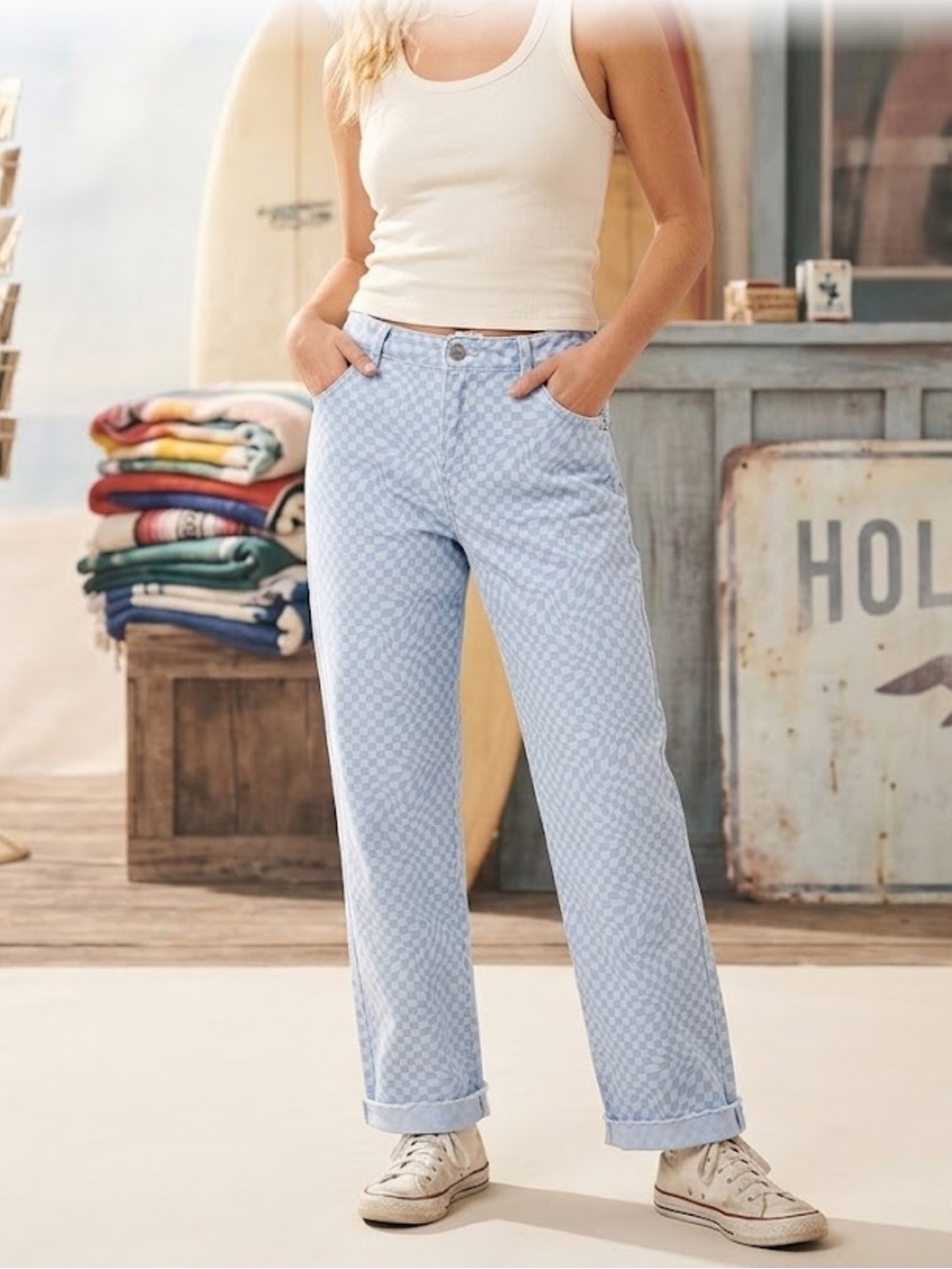 Hollister baggy pants Light Blue Checkered Pants